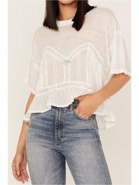 Free People Fall in Love Women's White Lace-Trim Ruffle Crop Top